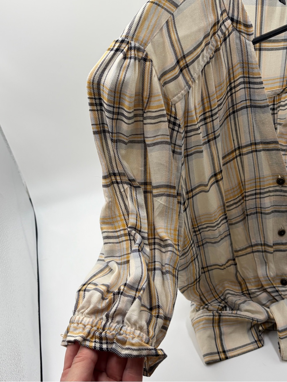 PAIGE Annecy White Plaid Tie-Hem Button-Down Top Tan & Black Lines Size Small - Picture 5 of 6